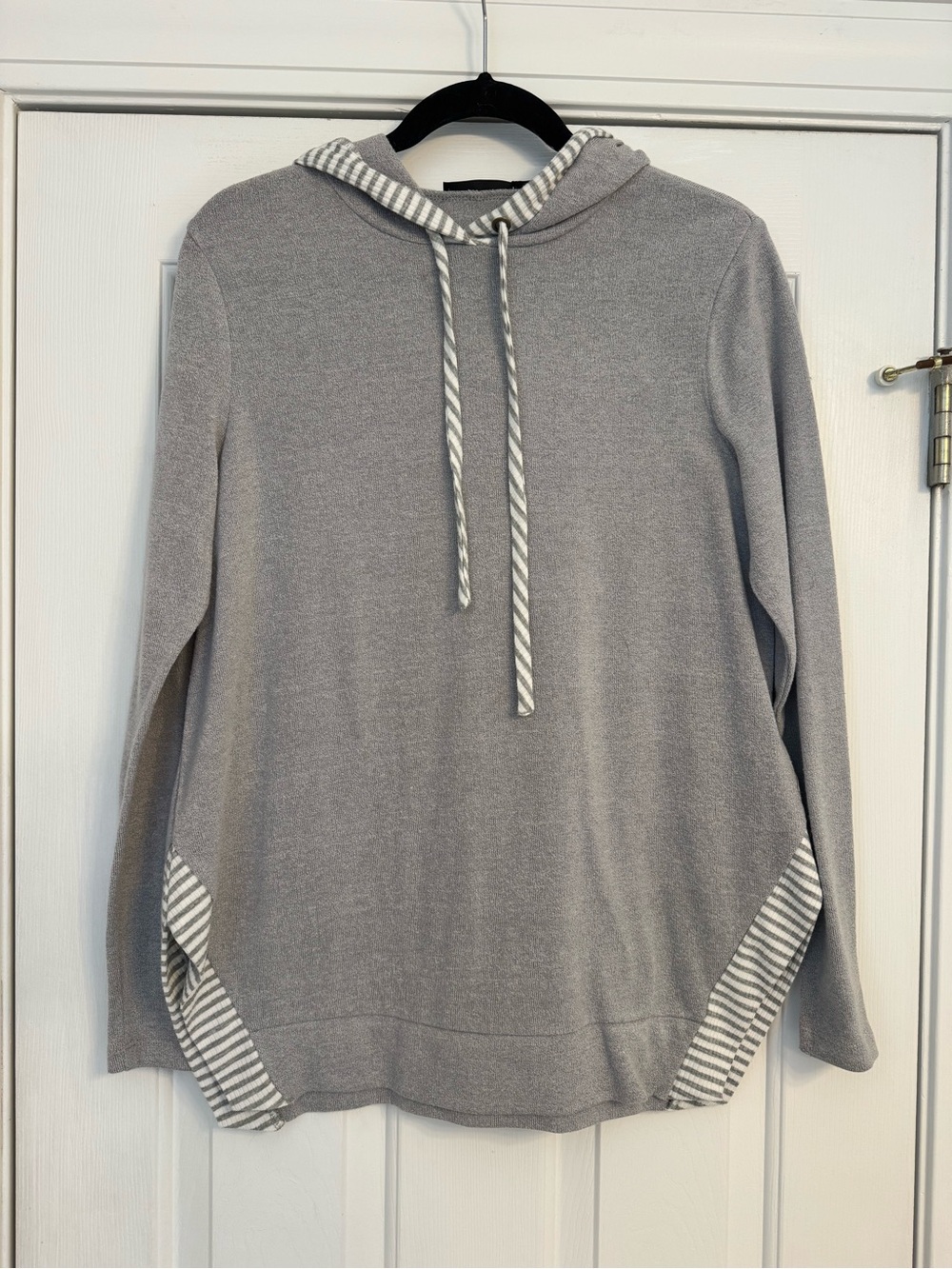 Women’s Gray Hooded Knit Sweater with Striped Accents